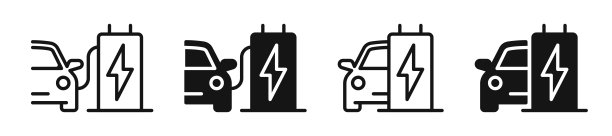 电动汽车充电站图标。电动汽车充电。电动汽车电池图标。电动汽车充电器图标设置。图片下载