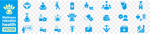 健康，放松，健康，运动，瑜伽，水疗，饮食，健康，图标集合。图片下载
