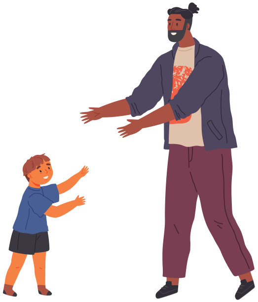 父子俩欢快地笑嘻嘻地走在一起，男人对着小男孩说话，照顾孩子图片下载