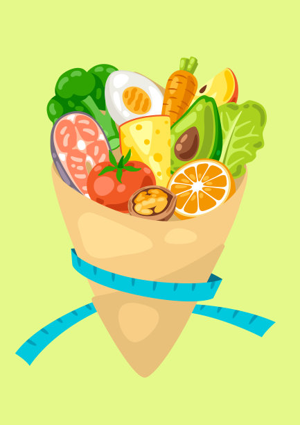 食品包装插图。健康饮食和减肥餐。水果，蔬菜和蛋白质，以获得适当的营养。图片下载