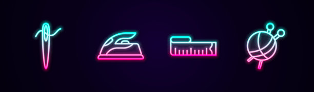 配有线针、电熨斗、卷尺、纱球针。发光的霓虹灯图标。向量图片下载
