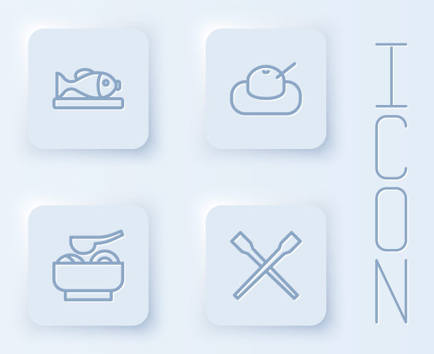 盘上的鱼，麻糬，拉面汤碗和食物筷子。白色方形按钮。向量图片下载