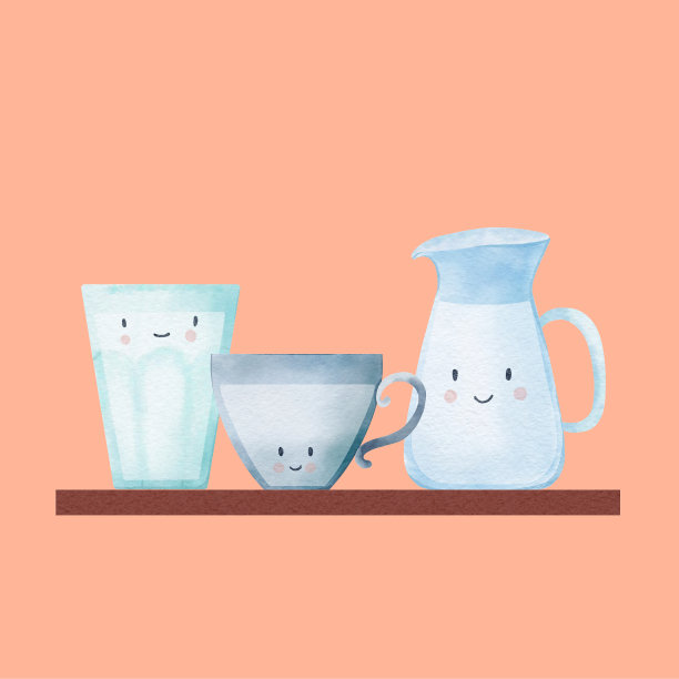 货架上卡通风格的笑脸牛奶杯。世界牛奶日卡片。数字水彩插图。图片下载