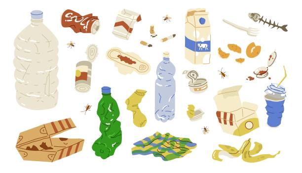 一套项目为垃圾回收和分类的概念。损坏的东西，破碎的瓶子，腐烂的食物。包装，金属，塑料，玻璃。矢量插图。孤立的对象。图片下载