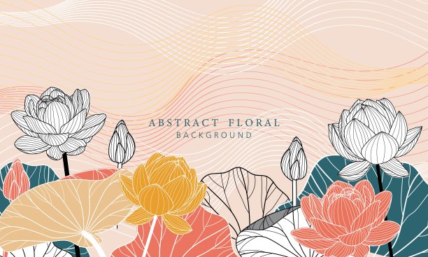 荷花手绘植物叶线艺术背景图片下载