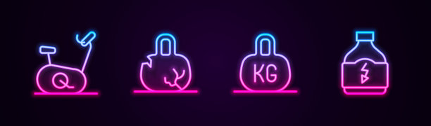 设线固定自行车，碎体重，体重和运动营养。发光的霓虹灯图标。向量图片下载