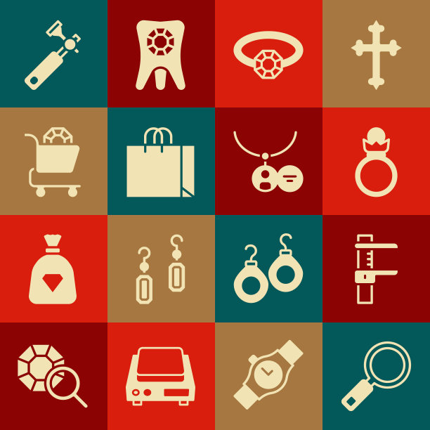 集放大镜，卡尺或卡尺和规模，钻石订婚戒指，购物袋珠宝，珠宝网上购物，珠宝商卢佩和吊坠项链图标。向量图片下载