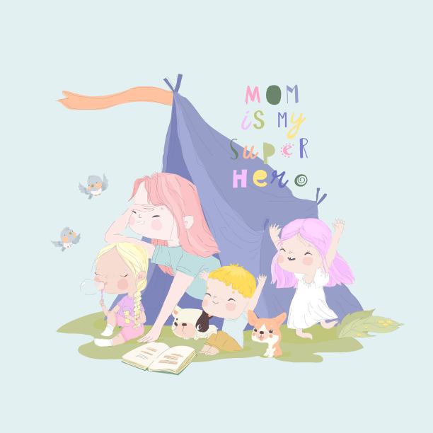 快乐的妈妈和她的孩子们在帐篷里玩耍图片下载