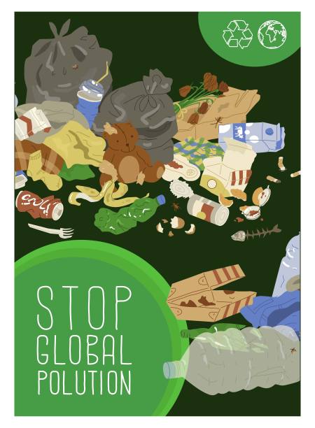 以保护环境免受全球污染为主题的海报。象征着地球和废物的回收利用。一个溢出的垃圾桶，垃圾填埋场的图像。矢量插图。图片下载