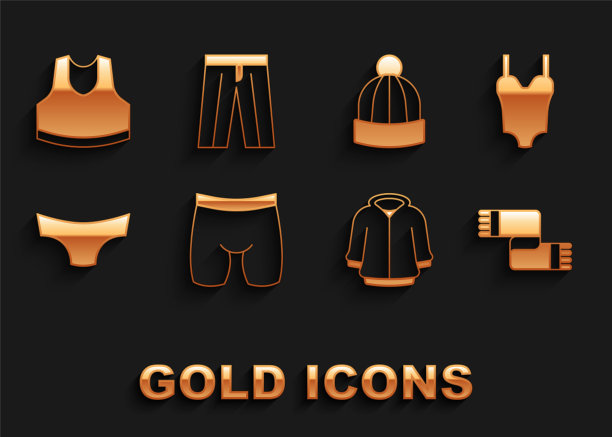 集自行车短裤，泳装，冬季围巾，卫衣，男子内裤，帽子，汗衫和裤子图标。向量图片下载