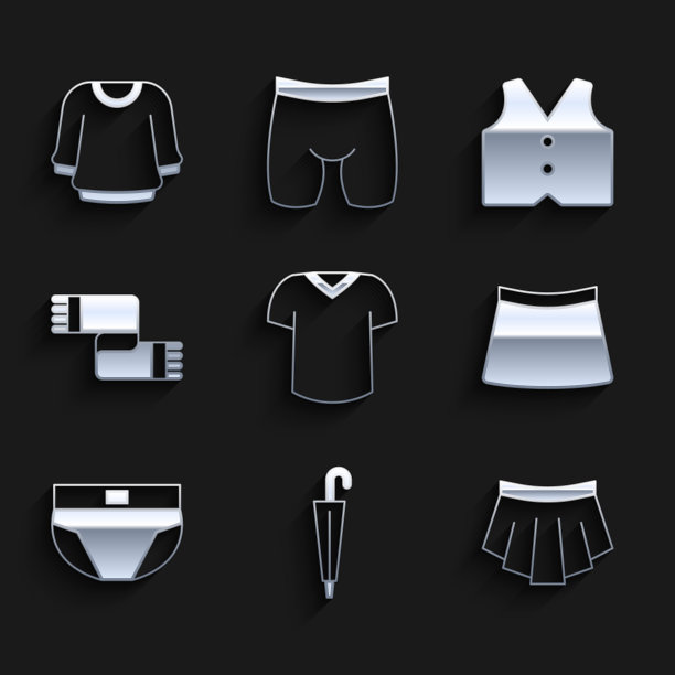 集t恤，雨伞，裙子，男士内裤，冬季围巾，马甲和毛衣图标。向量图片下载