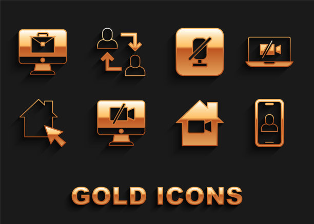 在电脑、笔记本电脑、聊天会议、家中、在线工作、静音麦克风和项目组基础图标中设置摄像机关闭。向量图片下载