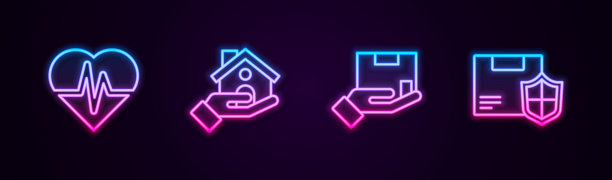 集健康保险、住房、分娩、安全与盾牌于一体。发光的霓虹灯图标。向量图片下载