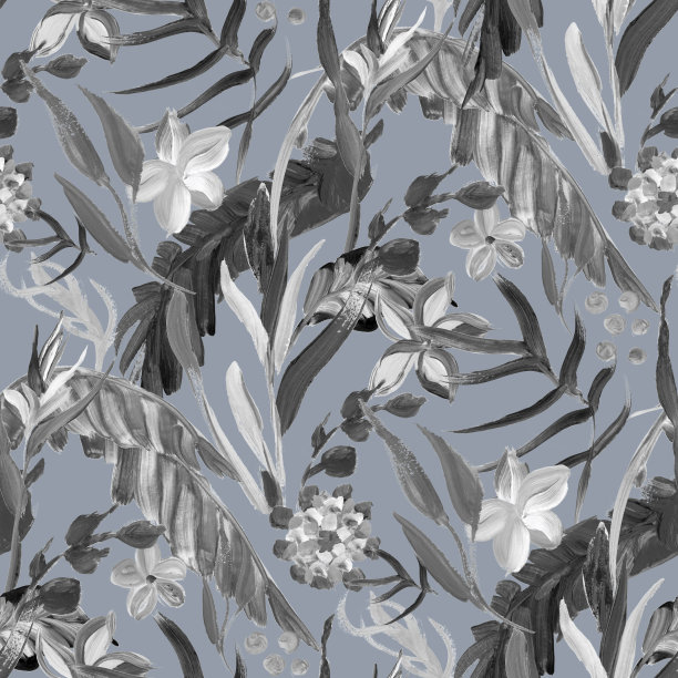 单色无缝模式与热带干燥植物画水粉图片下载