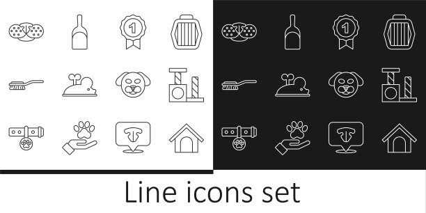 集线狗屋，猫抓挠后，奖励符号，发条鼠标，毛刷狗和猫，鼻子，和簸箕图标。向量图片下载