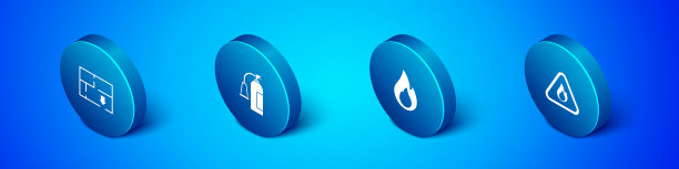 设置等距疏散计划，火焰，在三角形和灭火器图标。向量图片下载