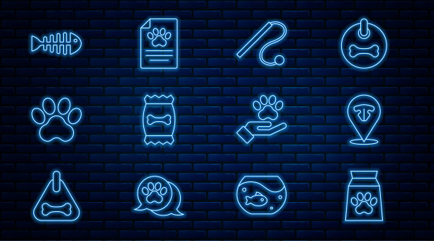 集线袋食品宠物，猫鼻子，宠物猫玩具，爪印，鱼骨架，手与动物足迹和临床记录图标。向量图片下载