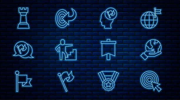 设置线目标与箭头，手握地球地球仪，旗帜，楼梯完成，旗帜，象棋和图标。向量图片下载