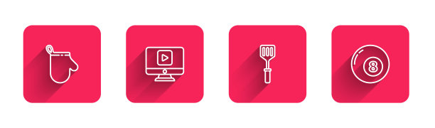 套线烤箱手套，在线播放视频，抹刀和台球池斯诺克球长影。红色方块按钮。向量图片下载