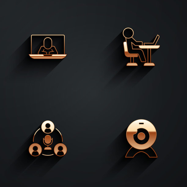 设置视频聊天会议，自由职业者，会议和网络摄像头图标与长阴影。向量图片下载