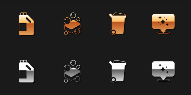 设置瓶清洗剂，肥皂条，垃圾桶和家庭服务图标。向量图片下载