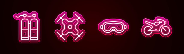 设置线水游，无人机飞行，滑雪镜和摩托车。发光的霓虹灯图标。向量图片下载
