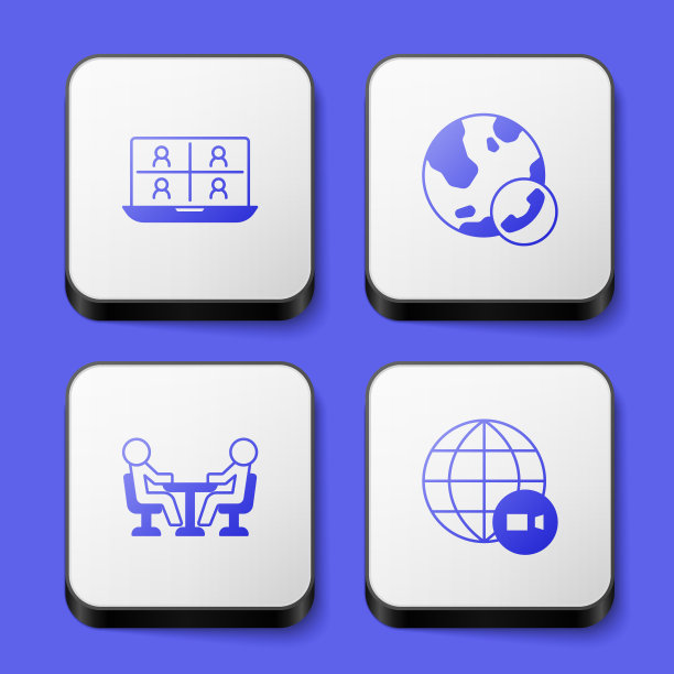 设置视频聊天会议、会议和图标。白色方形按钮。向量图片下载