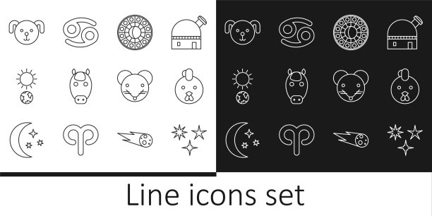 集线坠星，鸡生肖，占星占星圈，马，至，狗，鼠和巨蟹座图标。向量图片下载