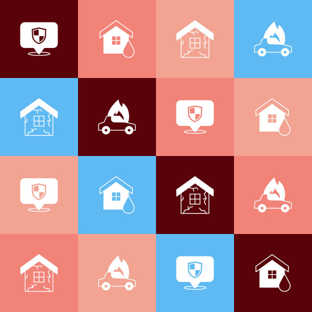 设置波普艺术位置盾牌，房屋洪水和燃烧的汽车图标。向量图片下载