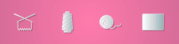 设置剪纸针织针，线轴上的缝纫线，纱线球和纺织织物卷图标。纸艺术风格。向量图片下载