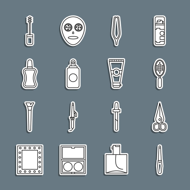 设置线指甲锉，剪刀，发刷，眉毛镊子，喷雾罐，抛光瓶，睫毛膏和乳液化妆品管图标。向量图片下载