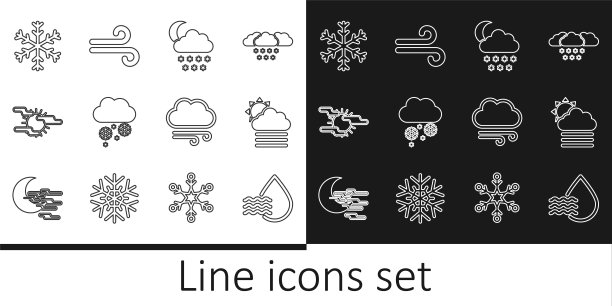 设置线水滴百分比，雾和云与太阳，云雪月亮，雪花，风的天气和图标。向量图片下载