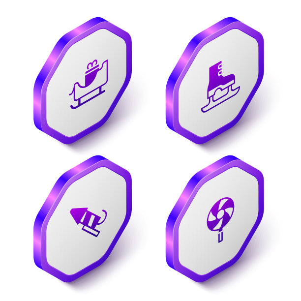 设置等距圣诞老人雪橇，冰鞋，烟花火箭和棒棒糖图标。紫色六角形扣子。向量图片下载