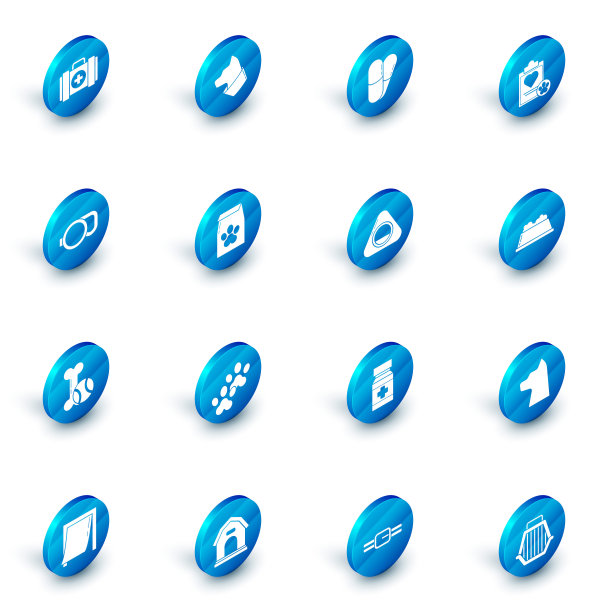 集猫，狗和药丸，剪贴板与医疗临床记录宠物，可伸缩的皮带，宠物玩具骨头橡胶球，袋食物为，碗和床图标。向量图片下载