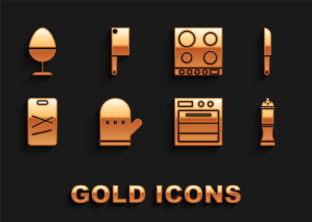设置烤箱手套，刀，胡椒，砧板，煤气炉，鸡蛋的立场和肉类直升机图标。向量图片下载