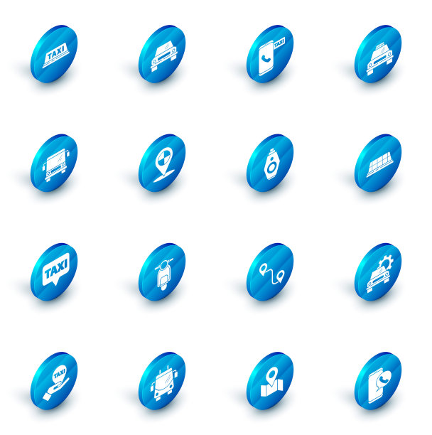 设置汽车，出租车呼叫电话服务，汽车，公共汽车，地图指针与出租车，屋顶和关键远程图标。向量图片下载