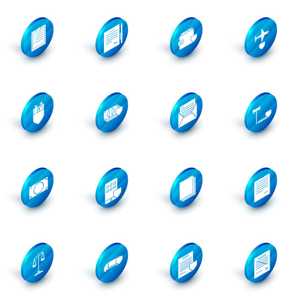 集合同与笔，钱包和钱盾，飞机，家庭保险，堆栈纸现金，钱，法官木槌和邮件电子邮件图标。向量图片下载