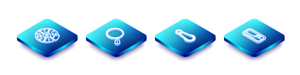 设置等距线汽车制动盘卡尺，镜子，门把手和图标。向量图片下载