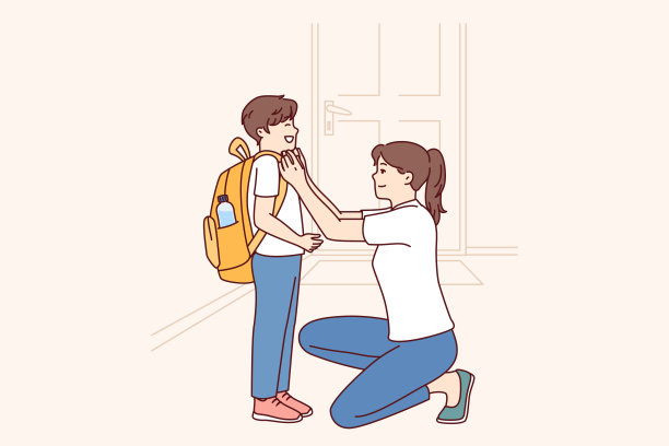 单身母亲准备小学生的小儿子去上课图片下载
