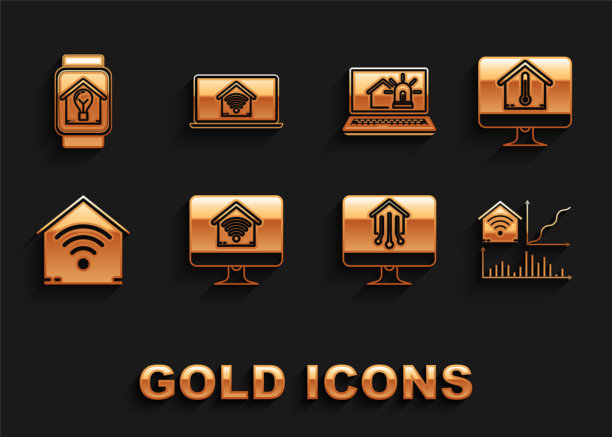 设置wi-fi智能家居电脑显示器，室内温度，智能，笔记本电脑和闹钟，手表灯泡和图标。向量图片下载