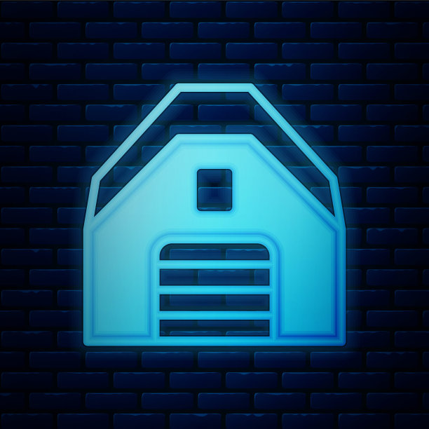 发光的霓虹灯车库图标隔离在砖墙背景。向量图片下载