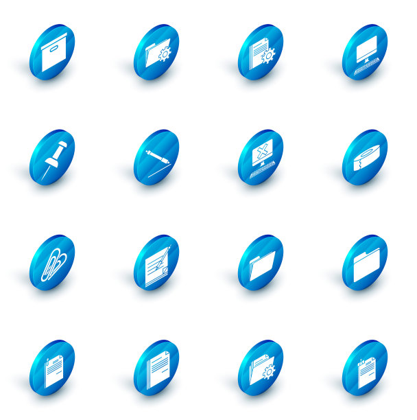 设置文件夹设置齿轮，文件，电脑显示器键盘，推针，回形针，笔线，Scotch和x标记图标。向量图片下载