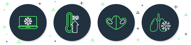 设置线人体温度高，医用防护口罩，电脑上的病毒统计数据和肺中的细胞图标。向量图片下载