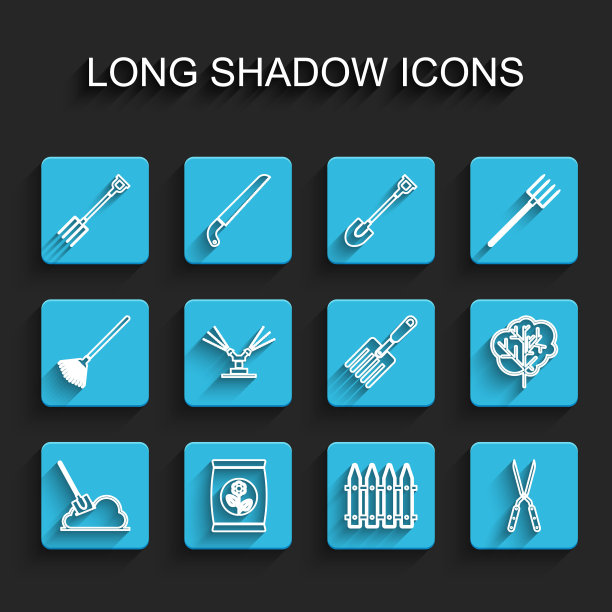 设置线铲在地上，肥料袋，花园干草叉，栅栏，园艺手工剪刀，自动灌溉洒水器，树和图标。向量图片下载