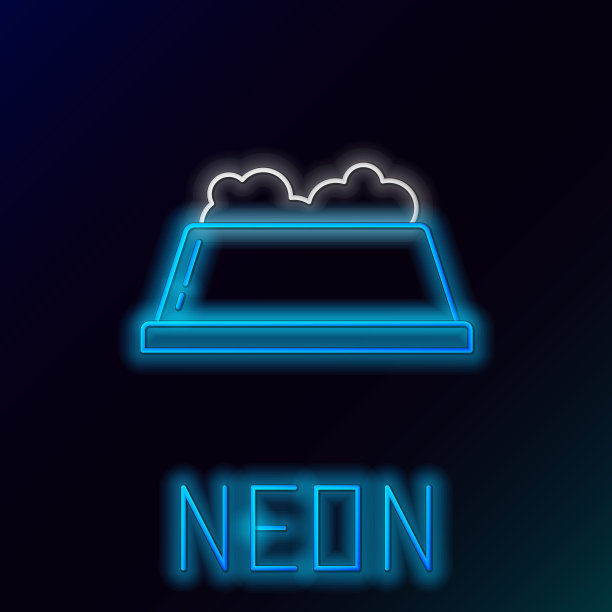 发光的霓虹灯线宠物食品碗的猫或狗图标隔离在黑色背景。狗或猫的爪印。彩色轮廓概念。向量图片下载