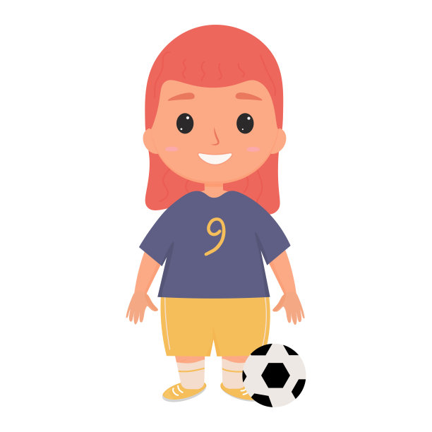 矢量可爱的小女孩穿着运动服站在一个球。年轻的运动员图片下载