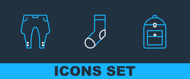 设置线背包，裤子和袜子图标。向量图片下载