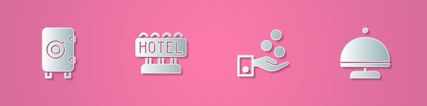 设置剪纸安全，招牌与文字酒店，支付小费和覆盖托盘图标。纸艺术风格。向量图片下载