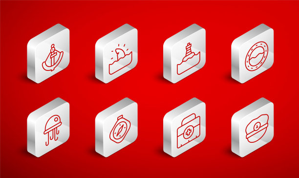 设定线船长帽子，鲨鱼鳍海浪，浮动浮标，船舶舷窗，急救箱，锚，指南针和水母图标。向量图片下载