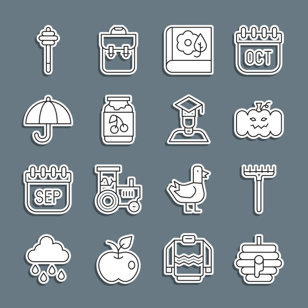 集线蜂巢蜜蜂，花园耙，南瓜，植物标本馆，果酱罐，伞，蜂蜜勺棒和毕业和毕业帽图标。向量图片下载